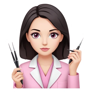 Mulher branca de cabelos pretos na altura dos ombros, vestindo jaleco rosa e segurando uma pinça de extensão de cílios sticker