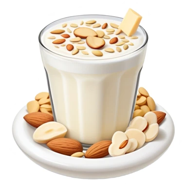 A glowing white leg bone in the center, surrounded by floating calcium-rich foods: yogurt, shredded cheese, almonds, and sesame seeds. All items are floating and slightly shining, arranged in a circle around the bone. sticker
