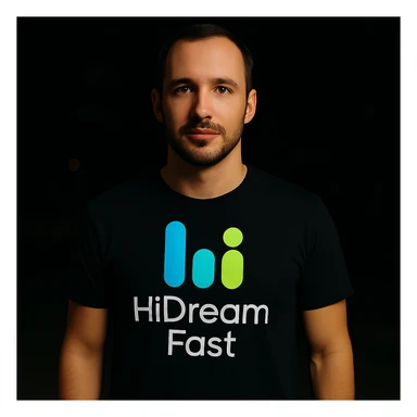 man wearing tshirt with this logo, dark night background with dim , add fast below logo, make man fit into image, add fast insead pf the dev keep rest same sticker