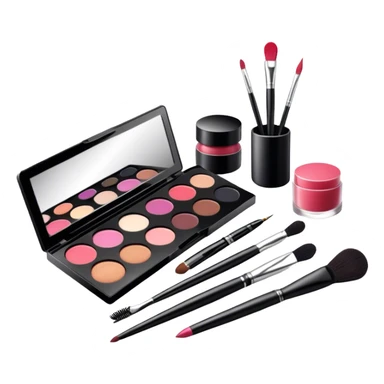 icon featuring professional makeup brushes, a high-quality lipstick, a sleek eyeshadow palette, a makeup sponge and a set of tools like tweezers and eyeliner pencil. The design highlights the precision and artistry of makeup with detailed textures and realistic lighting. Transparent background. sticker