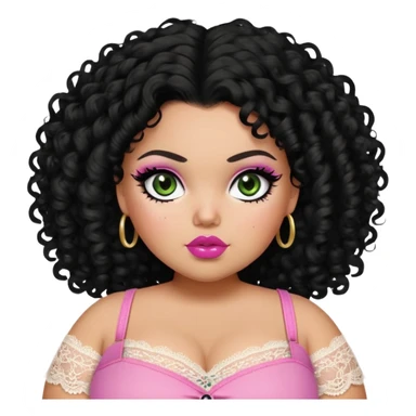 big fat plus size, pretty bratz girl, black curly hair, freckles, dark green eyes, pink lips, black eyeliner, tan skin, cute lace girly clothes sticker
