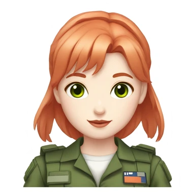 1girl, bunny, pale skin, white skin, white rabbit ears, red hair, twin tails, green eyes, green combat uniform sticker