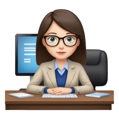 donna occhi azzurri con occhiali, capelli media lunghezza lisci, davanti al pc alla sua scrivania. è una grafica editoriale e redattrice sticker