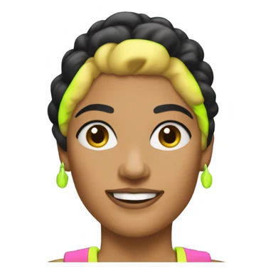 Tanned woman with black hair dressed in 1980s fitness hair, makeup, and neon attire  sticker