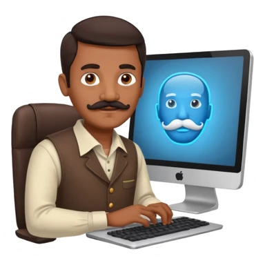 Indian man with a mustache coding on a computer  sticker