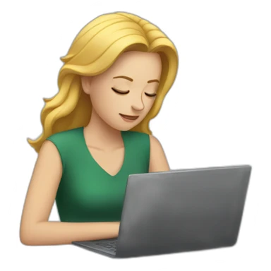 White woman resting head on arms looking at a laptop sticker