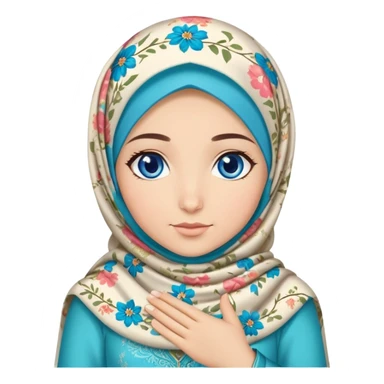Turkish beautiful finish Konya girl blue eyes with floral hijab dress islamic dress and had on her hand text Eid Mubarak  sticker