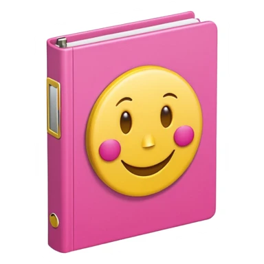 libreta de anillos rosada en perspectiva isometrica con sticker de carita feliz amarilla, con aspecto de emoji de apple sticker