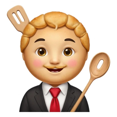 emoji style, happy fried empanada with face, big sparkling eyes, blushing cheeks, two buck teeth, red necktie, holding spatula, thick black outline, golden brown color, very cute and wholesome, transparent background sticker
