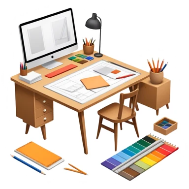 Icon for Furniture Design: a workspace with a designer sketching a piece of furniture, surrounded by design tools like a ruler, pencil, fabric swatches, and a 3D model of the furniture. The icon should represent the design process and creativity in furniture making. Transparent background. sticker