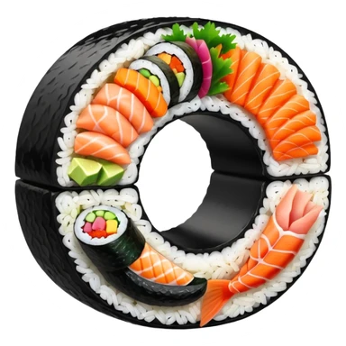 single round sushi maki cross-section, rice ring and colorful center sticker