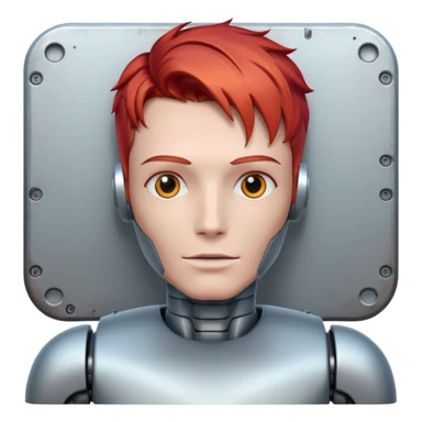male robot with vibrant hair color and metalic face sticker