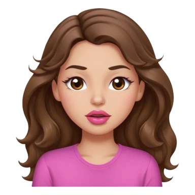girl with long wavy brown hair, brown eyes, light to medium complexion, in a pink shirt, pink lips, long lashes, puckering lips kissing, winking with one eye sticker
