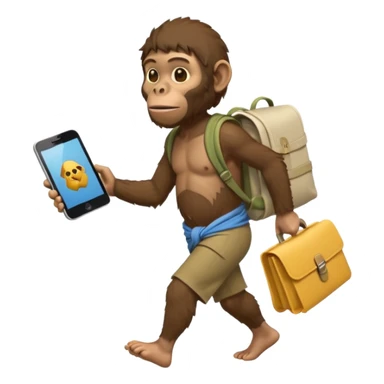 Draw an Australopithecus walking like a nomad, carrying a cloth bundle on its back and holding an iPhone in one hand and an open laptop (screen visible) in the other, in a cute flat iPhone emoji style sticker