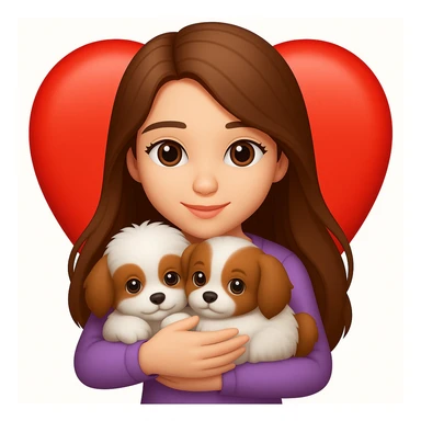 Add a heart background behind the girly girl with long hair cuddling a puppy in the style of emoji (apple style emojis). Keep the emoji style look and feel. sticker
