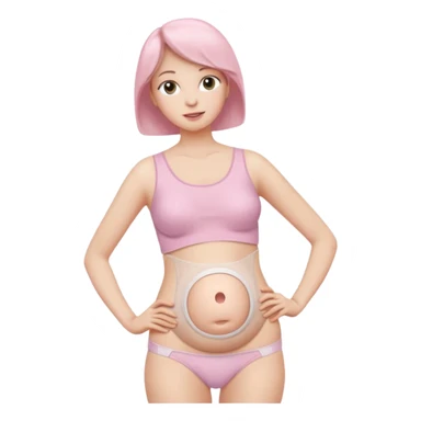  a woman, mid 60, focus on belly, wearing an ostomy bag sticker