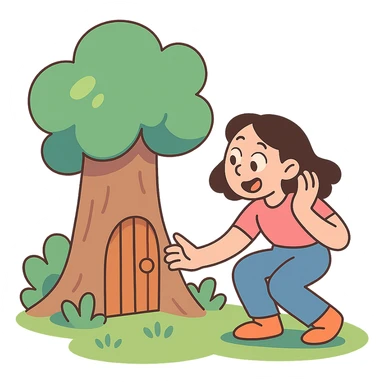 wooden door embedded in a tree, secret forest hideout vibe, pastel toon style sticker