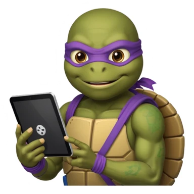 Donatello from Teenage Mutant Ninja Turtles, emoji style, with a tablet showing a hacking screen in hand sticker