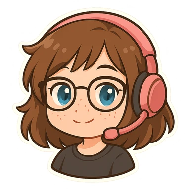 Chibi woman with shoulder length choppy brown hair, pink gaming headset, freckles, glasses, and blue eyes, happy expression, chibi stickers style, no background. sticker