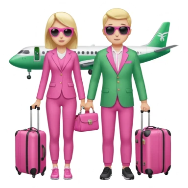 Девушка и мужчина вдвоем стоят в аэропорту с чемоданами. На фоне самолет в и табло с рейсами. Девушка в спортивном розовом костюме, мужчина тоже в спортивном зеленом костюме. Девушка держит дамскую сумку розовую. Мужчина держит фотоаппарат в руке и на нем солнцезащитные очки черного цвета  sticker