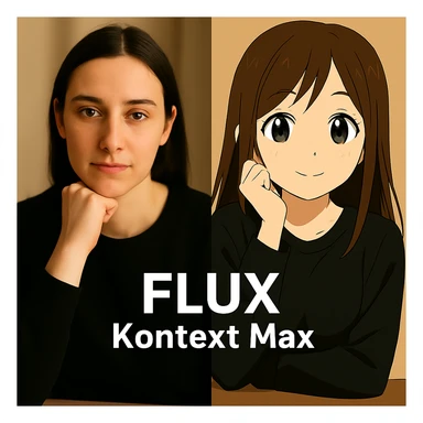 same similar image but chnage the text to "Flux Kontext Max", change people and pose too sticker
