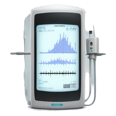Small, rectangular, medical device with a large screen. On the screen is a steady graph. Attached to the device is a thin clear tube. sticker