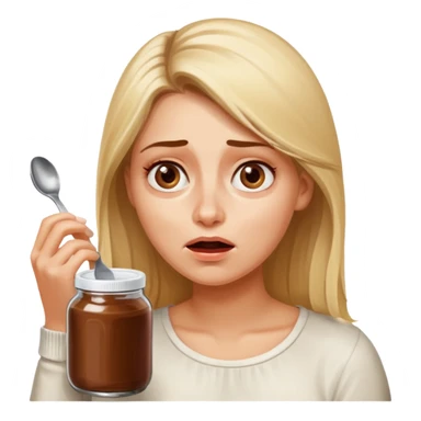 Nutella with a spoon. The glas of Nutella is almost empty . Only the one carriage of Nutella. Next to the Nutella is the head of a blond woman who is desperate to eat the Nutella  sticker