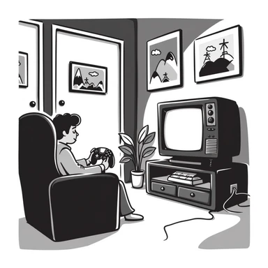 A retro gamer room with pixel posters and a console hooked to a tube TV sticker