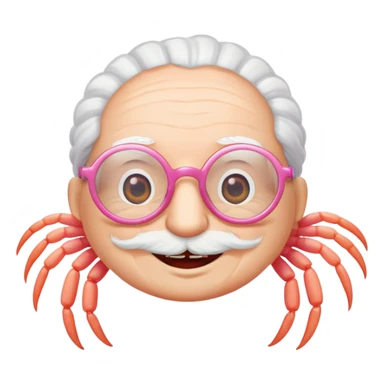 a little shrimp that is old with white hair and glasses, elderly shrimp character with white eyebrows and hair, wearing round glasses sticker