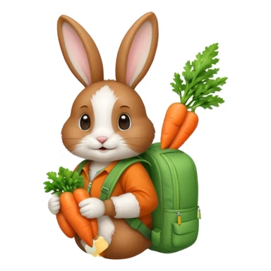 A brown & white, bunny with a green backpack, holding a carrot sticker