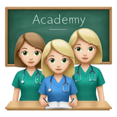 3 different nurses, wearing green and blue work clothes, in a classroom, "Academy" written in white on board sticker