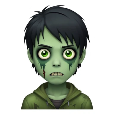 boy zombie with black medium-long emo hair, dark and spooky, green skin, creepy expression sticker