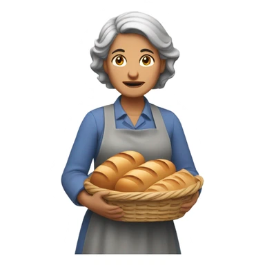 "A middle-aged woman with tired eyes, graying hair tied back, and a warm but worried look. She wears a simple dress with an apron, holding a loaf of bread or basket in a modest kitchen." sticker