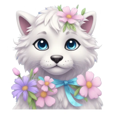 Anthro Cute Cool Pastel Kawaii gorgeous sparkly ethereal fantasy animal creature with blue eyes furry sona with flowers and ribbons beautiful aesthetic sticker