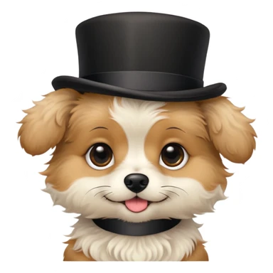 cute small dog with plain light tan fur, black nose, black round eyes, curly fluffy medium length hair, wearing a top hat sticker