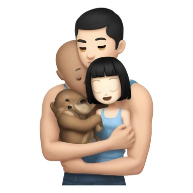 black haired but white skin girl holding a plushie while being kissed in the head by her white skin strong muscular bf who has short hair like a buzz cut u sticker