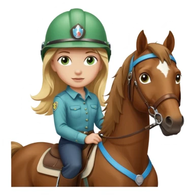una ragazza bionda con occhi azzurri/verdi sopra un quarter horse con criniera marrone sticker