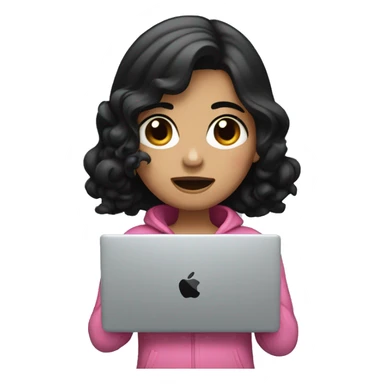 A girl wearing pink with black hair crying while holding a mac book air sticker