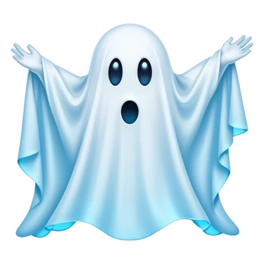 A hilariously exaggerated floating sheet ghost, its simple yet expressive form billowing with animated energy in vibrant whites and pale blues, with two wide, comically shocked eyes and a quirky, startled mouth, simplified yet overflowing with personality, highly detailed with a soft neon-like glowing outline, capturing the playful absurdity of a ghost caught off guard! sticker
