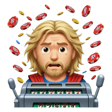 disheveled Thor losing money at a slot machine, panicked face, coins flying sticker