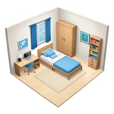 top-down view of teenage bedroom layout with bed, desk, closet, and storage sticker