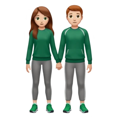 full-length couple, girl with long brown hair and hazel eyes in green sweater, boy with auburn hair in sportswear sticker