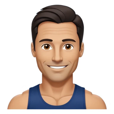 Fit 40-year-old man with tanned skin, long face, chiseled jawline. Attractive features with dark eyes, well-defined arched eyebrows, straight nose. Confident smile. Medium-length wavy dark hair styled in contemporary fashion. Wearing a dark blue tank top. sticker