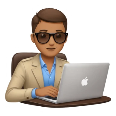 stylish man in sunglasses sitting with a laptop and coffee sticker