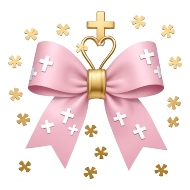 super pale pink bow confetti but the paper confetti are the pale pink bows all spread out with white tiny glitter and then with golden crosses on it and a white band in the mjddle sticker
