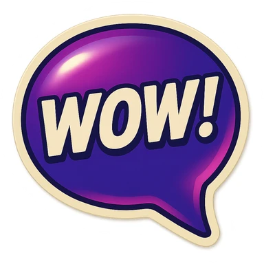 Purple bubble with white text saying "WOW!" sticker