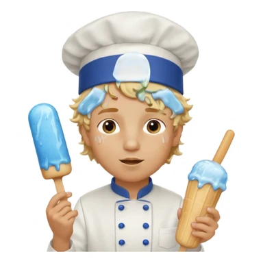 boy blonde curly hair, chef, eating blue ice pop sticker