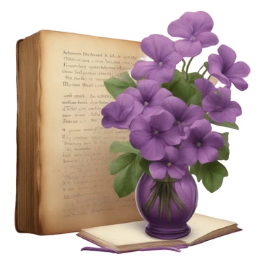 An aesthetic arrangement of a violet vintage book and pink flowers in a glass vase, surrounded by antique letters sticker