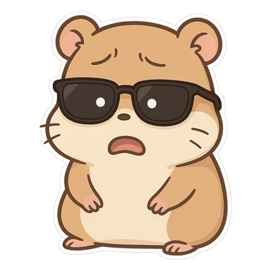 A hamster wearing sunglasses, the sunglasses have slipped down to the bottom of the eyes, the hamster has a dull look, is frightened, and looks incredulous sticker
