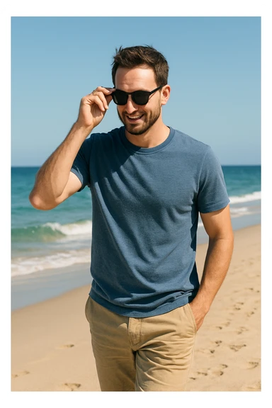 uomo passeggia a mare e si mette gli occhiali da sole sticker